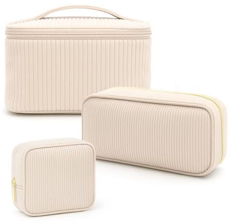 Lot de 3 Trousse de Toilette Femme Trousse de Maquillage,Maquillage en Velours Côtelé Doux Cosmétiques a Glissière Portable Voyage,pour Hommes et Femmes Accessoires de Toilette de Voyage(Blanc cassé)