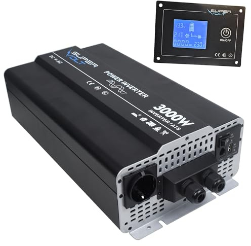 Supervolt Wechselrichter 12V auf 230V 3000W Reiner Sinus mit Netzvorrangschaltung & FI-Schutz | Für empfindliche Geräte | Mit Fernbedienung, USB & Schuko-Dosen | Ideal für Wohnmobil, Boot, Offgrid