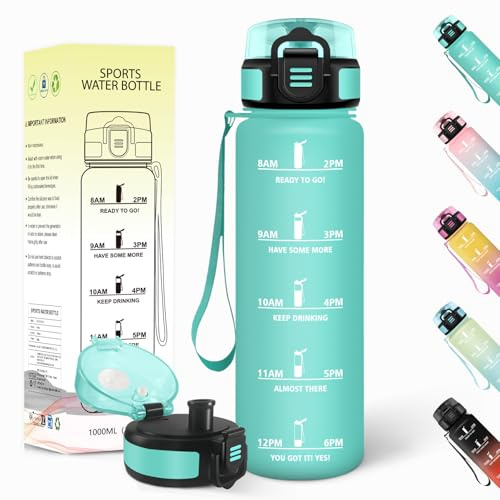 Baramumu Borraccia 1 litro,Riutilizzabile, Borraccia Motivazionale, a Prova di Perdite, Bottiglia Acqua, Senza BPA, Borracce, per Ciclismo, Palestra, Sport, Ufficio, Blu-Verde 3245C