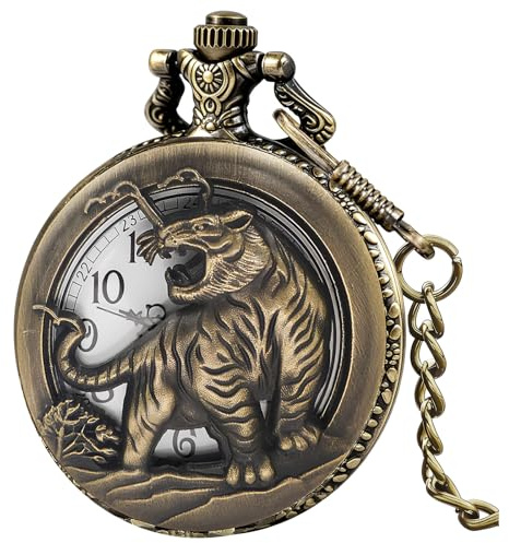 Pocket Watch Tiger Pattern Vintage Quartz Pocket Watches with Chain Christmas Graduation Birthday Gifts Fathers Day(Tiger)