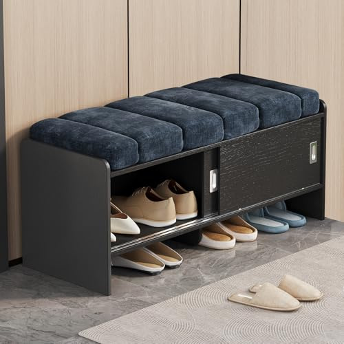 Guyii Schuhbank mit weichem Sitzkissen, gepolsterte Sitzbank mit Stauraum & Schiebetüren, Schuhschrank Schuhregal für Flur, Eingang, Garderobe, platzsparende Flurbank modern