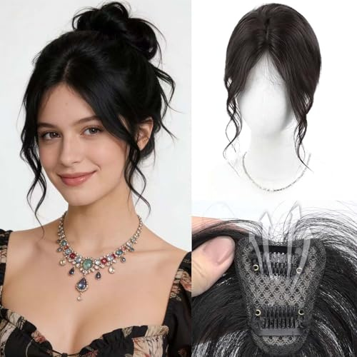 EREE HAIR Echthaaraufsatz für Frauen mit dünner werdendem Haar, S-förmiger Vorhangfransen, 25 cm, lockiges Toupet zum Anklippen mit handgefertigter Spitzenbasis, für mehr Volumen (natürliche Farbe)