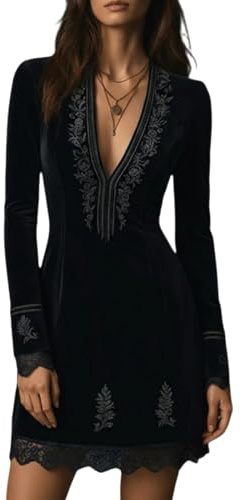 Vestido corto de terciopelo bordado con cuello en V para mujer, vestido vintage con ribete de encaje, cuello en V, manga larga, para otoño, vaquera occidental, elegante vestidos de fiesta, Negro, M