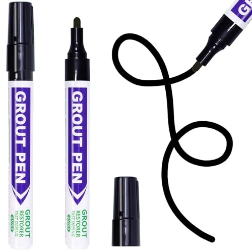 Grout Pen 2-Pack, Black Tile Grout Paint for Bathroom & Kitchen Tiles - Restores Grout on Wall & Floor Tiles, Quick & Easy Application