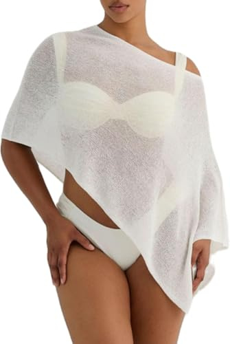 ensswliz Sheer Poncho for Women Asymmetric Knitted Crochet Lace Batwing Wrap Summer Lightweight One Shoulder Boho Beach Vacation Cover Up