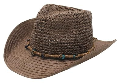 PWGGMAA Summer Adult Western Straw Cowboy Hat with Colorful Bead Hat Band (Z3-Chocolate, M)