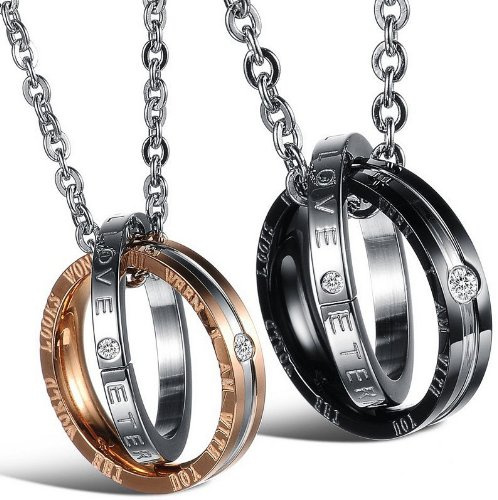 JewelryWe Schmuck Edelstahl Halskette, Anhänger mit Zwei Ringen Eternal Love Hochzeit Engagement für Damen & Herren