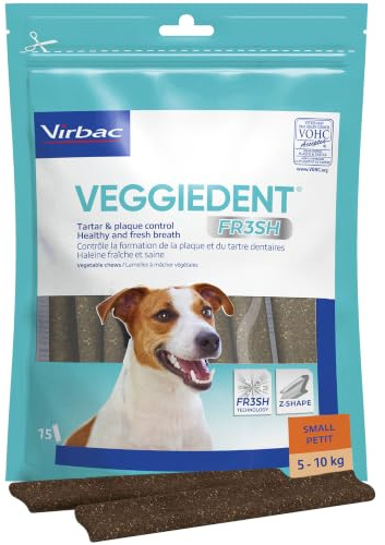 Virbac VeggieDent FR3SH – Snack Dental para Perros de Razas pequeñas (5-10 kg) – contra el sarro y el Mal Aliento – 15 Unidades