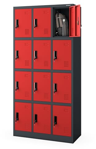 Jan Nowak Umkleideschrank Personalschrank Metall, 12 Fächer, abschließbar | Schließfachschrank ,Garderobenschrank, für 12 Nutzer, Lüftung, Namensschildhalter, 10 kg je Fach, Stahl, 185x90x40 cm