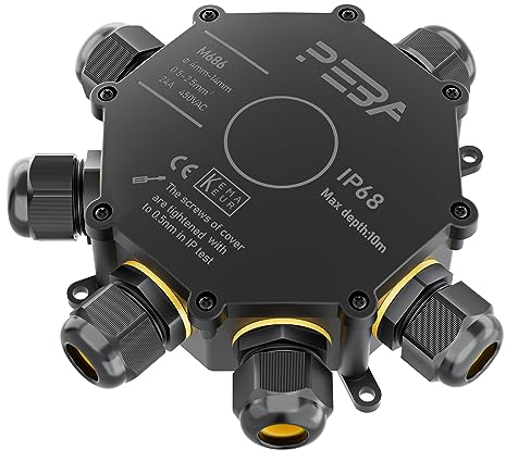 PEBA IP68 Abzweigdose, 6-Wege Rund-Abzweigkasten, Wasserdichte Kabelverbinder, Aufputz Verteilerdose Außen Wasserdicht für 4 mm - 14 mm Kabeldurchmesser Anschlussdose, Klemmkasten schwarz