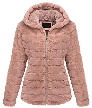 BELLIVERA Women Faux Fur Shearling Shaggy Coat, Winter Warm Zip Up Short Jacket Hooded 1801 Pink L