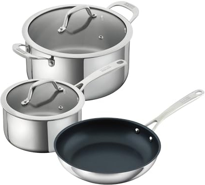 Kuhn Rikon, Batería de Cocina Allround , Juego de 3 Piezas: Cazo 1.5L/16 Cm, cacerola 3.0L /20 m y Sarten 24 Cm. Acero Inoxidable 18/10, Asas Frias,Tapa Cristal con Salida de Vapor , Apta Inducción
