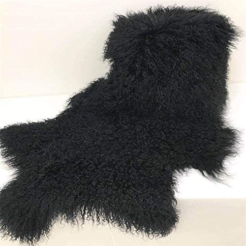 Genuine Tibetan/Mongolian Lambskin Sheepskin Hide Pelt Throw Area Rug Plate Wool Carpet Real Sheep Fur in Bedroom, Living Room 3.5x2Ft (Black)