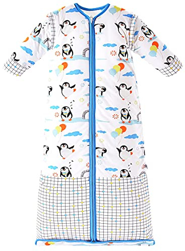 Chilsuessy Winter 2.5 Tog Kinder Schlafsack mit abnehmbaren Ärmeln Bio Babyschlafsack für Jungen und Mädchen von 1 bis 10 Jahre alt, Blau Pinguin, XL/Koerpergroesse 130-150cm