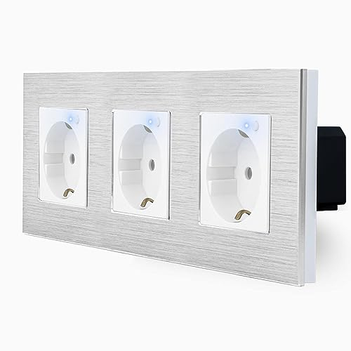 Luxus-Time Funk Steckdose inkl. Aluminiumrahmen Set 1-4 Fach Smarte Steuerung über Gwen Touch Bedienschalter Funksteckdose Weiß Alu (3 Fach Funk Steckdose + Rahmen)