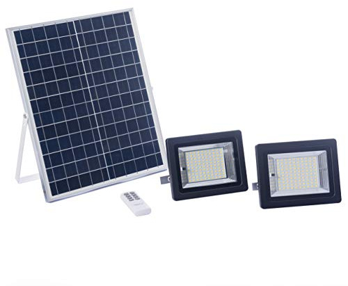 ELEDCO Focos Solares LED 100W, Luz Exterior Doble con Panel Solar, Batería, Mando a Distancia, Autonomía 8-15 Horas (2 Focos, Luz Blanca 6000K)