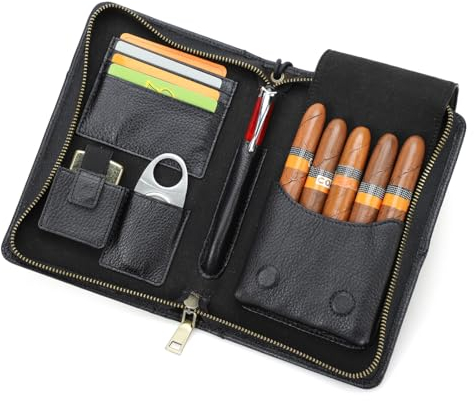 Contacts bärbar resa humidor för cigarrskärare, tändarfack och läderfodral för 5 cigarrer (inga tillbehör), multifunktionell cigarrtillbehörsorganisatör clutch mobilväska