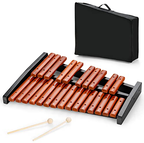 COSTWAY 25 Noten Xylophon Glockenspiel, Musikinstrument Holz, mit 2 Schlägeln & Tragetasche, Percussion Geeignet für Kinder und Erwachsene, Braun+Schwarz