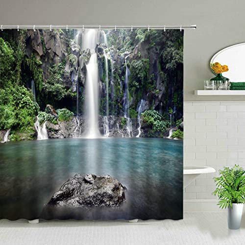 YTITILUCK Duschvorhänge mit 3D-Wasserfall, grüner Wald, Sommerlandschaft, Polyestergewebe, Zuhause, Badezimmer, Vorhang, Dekor für Badewanne, 200 x 220 cm (B x L), extra Langer Duschvorhang