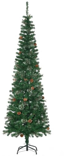 HOMCOM Albero di Natale Alto 195cm Realistico con Pigne Decorative Verde | 556 Rami, Albero di Natale Slim, Base in Metallo Pieghevole, Decorazione Natalizia per Interni