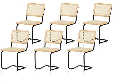 KHG 6er-Set Schwingstühle Freischwinger schwarz Made in Italy, für Zuhause | Rückenlehne und Sitzfläche aus Massivholz Buche und Rattan, Esszimmerstuhl, Küchenstuhl Designstuhl mit Wiener Geflecht