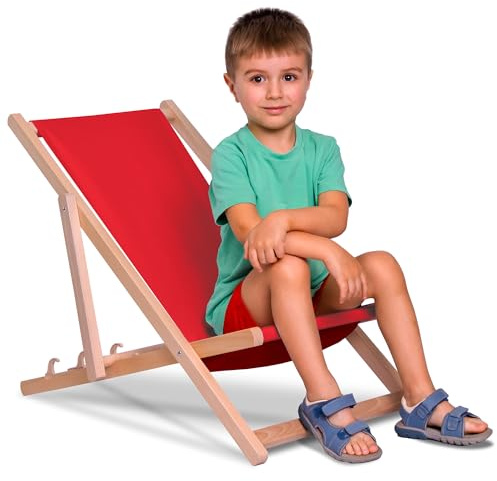 DreamRoots Kinder Liegestuhl Holz klappbar Outdoor, Red | Klappbarer Campingstuhl, faltbar, für Garten & Strand, bis 130 kg, waschbarer Bezug, 100% Polyester, UV-beständig
