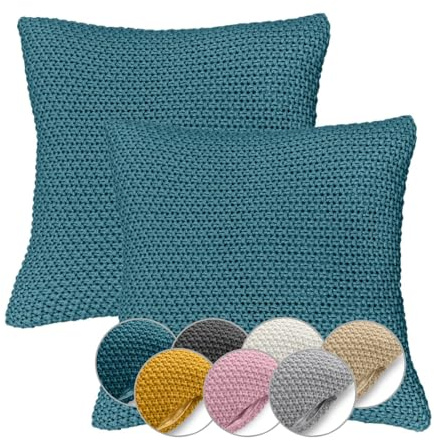 wometo 2er Set Kissenbezüge Strick 45x45 türkis - Reißverschluss Oeko-TEX Sofakissen Dekokissen warme weiche Kissenhülle mit edlem und schlichtem Strickmuster