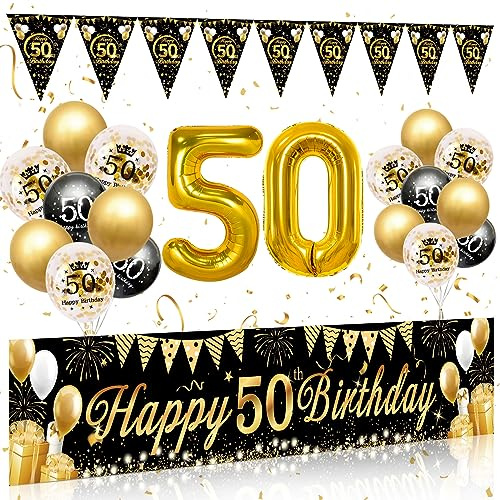 50 Geburtstag Mann Frau Deko Set,Schwarz Gold Luftballon 50. Geburtstag | Happy Birthday Banner, Girlande Wimpel, Deko 50. Geburtstags Hintergrund Ballons komplette Party Deko für Geburtstagsdeko 50