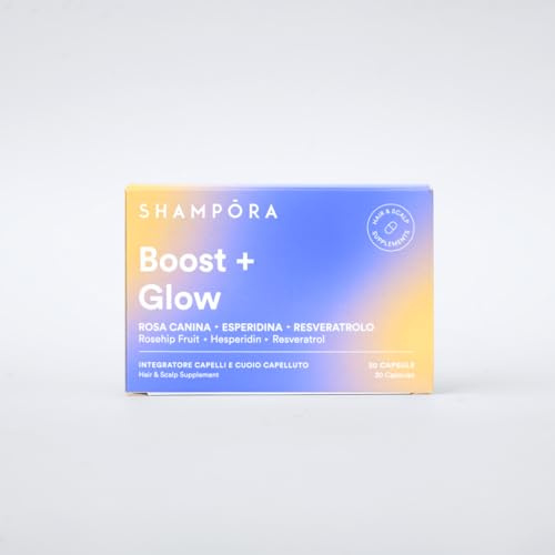 Shampora Hair Supplements Boost + Glow. Integratore per capelli e cuoio capelluto. Lucentezza e crescita sana. 30 capsule con Rosa Canina, Esperidina e Resveratrolo