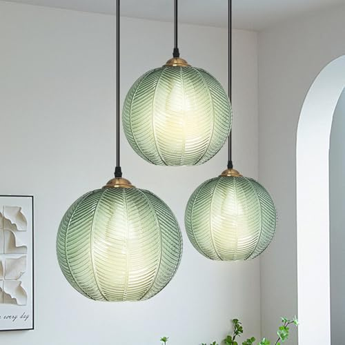 KOSHSH Pendelleuchte Glas 3 Flammig,Glas Pendelleuchte Grün,Hängelampe Glas,Verstellbare Hängeleuchte Esstisch Küche, Esszimmer, Wohnzimmer, Bauernhaus (3SET)