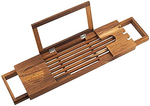 asdchZen Badewannenablage Aus Teakholz, Teleskop-Badewannenablage Aus Massivem Holz, rutschfeste Badewannenablage (51 X 16 X 4 cm)