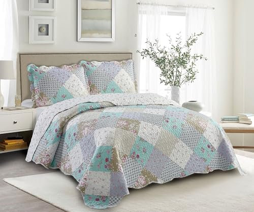 Brilliant Sunshine Blaue und grüne Rose Patchwork, 3-teiliges Steppdecken-Set mit 2 Kissenbezügen, wendbare Tagesdecke, weiche, leichte Decke, Ganzjahresdecke, Full/Queen, Blaugrün