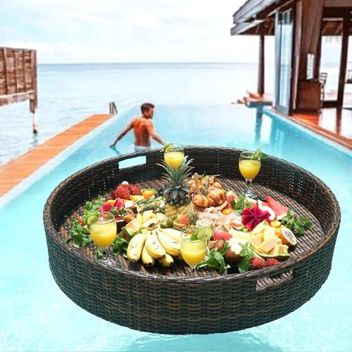 Plateau De Piscine Flottant, Plateau De Petit-Déjeuner avec Poignées, Plateau De Service Rond en Rotin Tissé pour Famille d'accueil, Hôtel, Piscine De Villa, Marron, 60 Cm