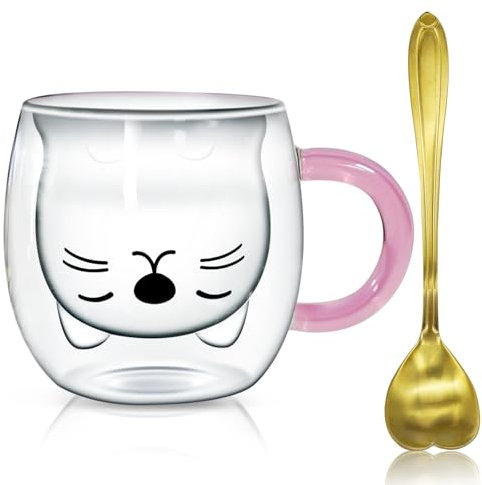 Afitdon Graziosa tazza per gatti a doppia parete, con motivi di gatto con cucchiaio, regalo per gli amanti dei gatti per cappuccino, latte macchiato, tè, gelato e latte 250 ml