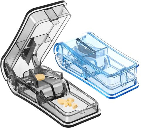 Tablettenteiler für Große und Kleine Tabletten 2 Stück | Praktischer Pillenteiler mit Reise-Aufbewahrungsbox für Ältere Menschen für Tägliche Medikamenteneinnahme und Unterwegs