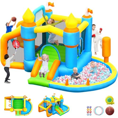 SportBob Hüpfburg mit Gebläse, Hüpfburgen für Kinder Outdoor Indoor mit Rutsche, Bällebad, Springen, Fußballplatz und Basketballkorb, Geeignet für 3-8 Jährige Kinder, 385×258×220 cm