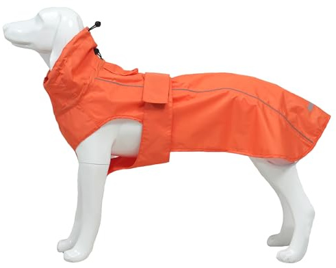 Wasserdichter Hunde-Regenmantel mit reflektierenden Streifen, verstellbarer, atmungsaktiver Regenmantel mit Loch für die Leine für Hunde, Orange, Größe XL