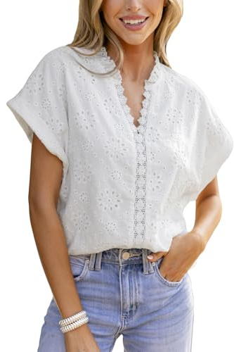 CUPSHE Camicia da donna a maniche corte con scollo a V e pizzo, colletto alto in puro cotone confortevole volant donna manica corta, bianco, XL