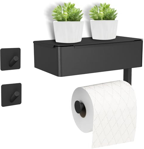 SURFOU Toilettenpapierhalter Ohne Bohren,klopapierhalter Schwarz,3-IN-1 Multifunktion,Selbstklebend,Mit Feuchttücherbox,Wc Papier Halterung,Edelstahl,Geeignet für Toilette/Badezimmer