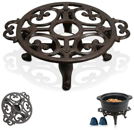 Linton Arts Cast Iron Teapot Warmer, Tea Pot Warmer with Tealight Holder, Portable Wind-Resistant Tea Pot Warmer Base with Candles & Pinch Mitts, for Heat Food Coffee Milk or Tea