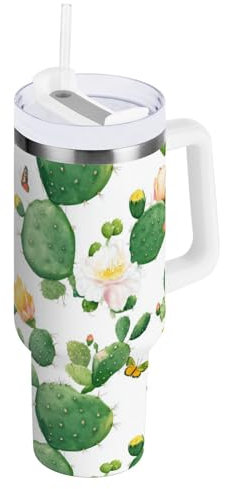 FRODOTGV Vakuumbecher mit Strohhalm-Deckel, Motiv: Kaktus, Schmetterlinge, isoliert, 1,2 l, große Wasserflasche, breite Öffnung, Becher für Schule, Kindertagesstätte, Camp