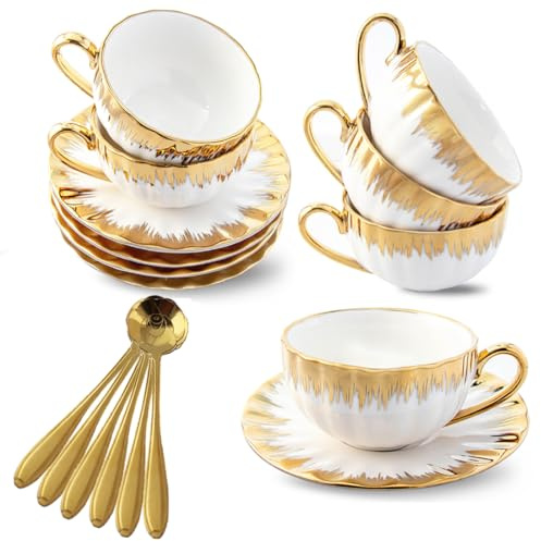 CHANJOON Juego de 6 tazas de té, 6 onzas con borde dorado galvanizado y caja de regalo, taza de té de cerámica blanca para café inglés (color dorado, grande)