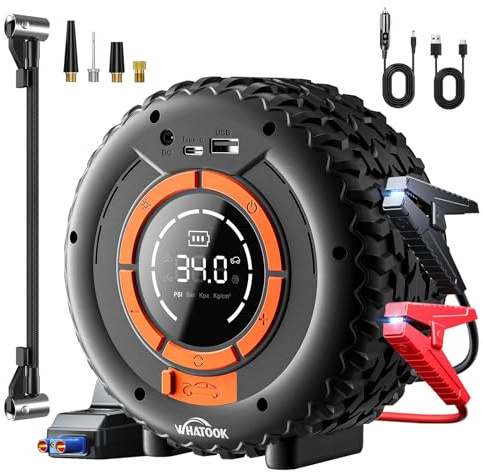 WHATOOK Booster Batterie Voiture avec Gonfleur: 6000A 150PSI - Démarreur de voiture pour essence 10,0L et 8,0L Diesel - Booster 12V avec lumière de secours, câble de pont, pompe à pneu, batterie