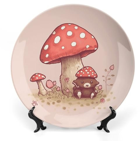 Grandes assiettes décoratives en porcelaine anglaise en forme d'ours et de champignons de 20,3 cm pour présentation - Assiette désert en céramique avec présentoir - Assiette en porcelaine