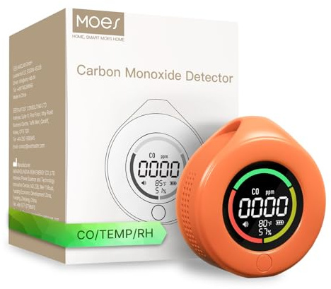 MOES Portable CO Detector, Mini Carbon Monoxide Alarm, Orange | LCD Screen, Temperature and Humidity Monitor, 3-in-1 Detection, Home Campervan Car Boat RV Use