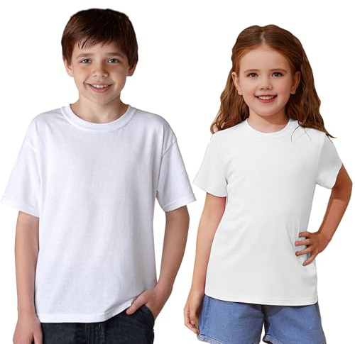 Vida Sol Pack 2 Camiseta Infantil 100% Algodón, Unisex, Manga Corta, Cuello Redondo, Suave y Transpirable, Diseño Básico y Cómodo, Ideal para Uso Diario, Tallas 9-10 Años, Blanco, M