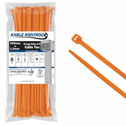 Kable Kontrol Orange Cable Ties, 200 mm x 2.5 mm, Pack of 100, 8 Premium Nylon Zip Ties, Multi-Purpose Plastic Tie Wraps, Secure Self-Locking Mechanism, for Home, Garden, Office and DIY