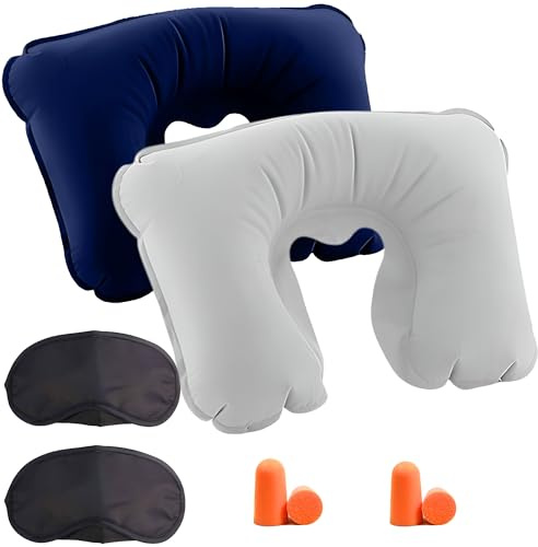 2 Kit Almohada Hinchable Viaje Cuello Avion - Cojin Inflable Cervical Avión para Viaje con Antifaz y Tapones - Collarin Cervical Inflable Cervicales y Reposa Cuello - Cojín Dormir - Travel Pillow