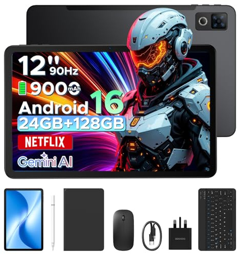 U12 Android 16 tablet, 12 inch FHD+(2000x1200) 90Hz Large Screen, 24GB+128GB/2TB, Gemini AI Octa Core Gaming Tablets, 9000mAh/18W, Widevine L1, 2.4G/5G WiFi, Tablet with Pen,Keyboard,Mouse&Case