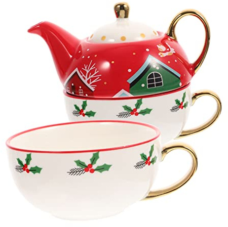 BESTYASH Tazza e Piattino in Ceramica Motivo Natalizio Tazza Regalo di Natale Teiera Tema Natalizio Adatta per Acqua Design Manico come Regalo di Natale